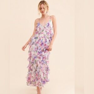 BHLDN Jia Floral Bias-Cut. Ruffle Maxi Dress Gown - 12